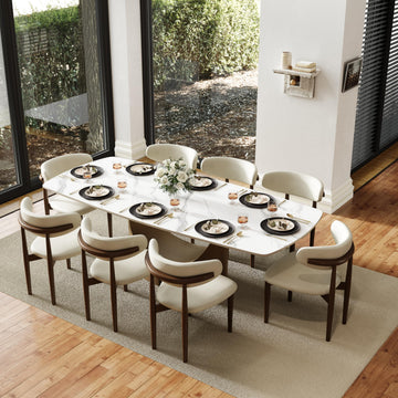 94" Modern Dining Table for 8-10, Hobart Matte White Dining Room Table, Sintered Stone Tabletop with Bronze Carbon