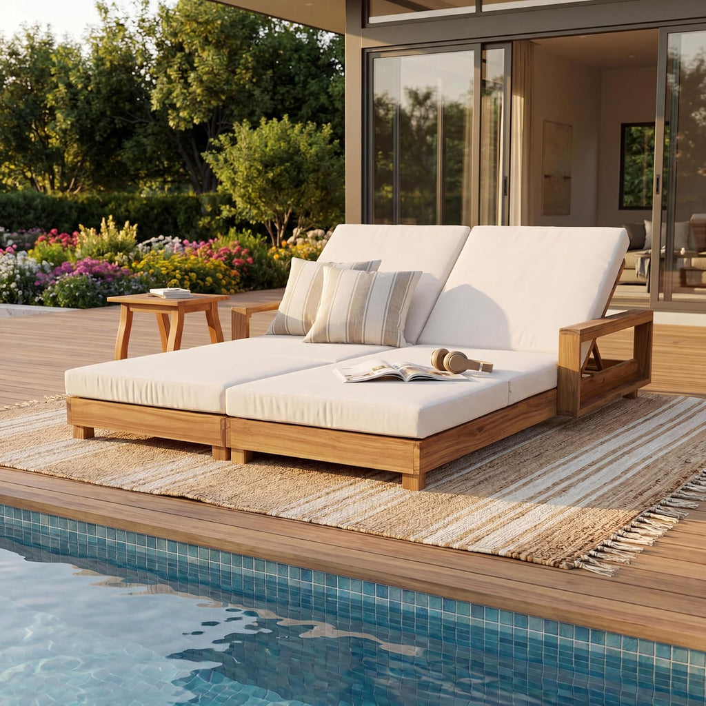 Acacia Wood Chaise Lounge Chair Outdoor, Spacious Double Outdoor Chaise Lounge with 3-Fold Cushions, 4 Position