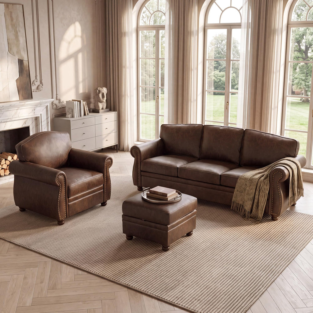 Traditional Faux Leather Couch Sofas, 91.3", Dark Brown