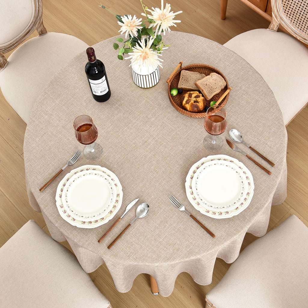 Faux Linen Textured Beige Round Tablecloths 60 Inches - 2 Pack Faux Burlap Table Clothes for Banquet, Party, Dining