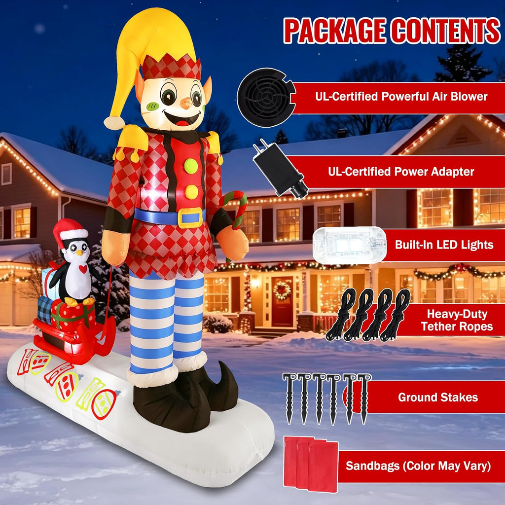 8FT Christmas Inflatables Solider with Pinguin on Sled, Giant Christmas Outdoor Decor Bulit-in LED Lights, Blow Up