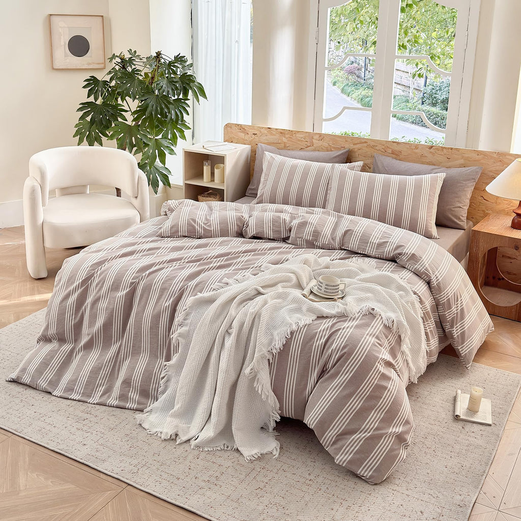 Striped Duvet Cover Set 100% Washed Cotton Linen Like Super Soft Chic Bedding Set 3 Pcs Light Brown-White