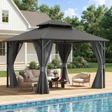 10'x12' Hardtop Gazebo, Metal Gazebo with Galvanized Steel Double Roof, Permanent Patio Pavilion for Dining Parties