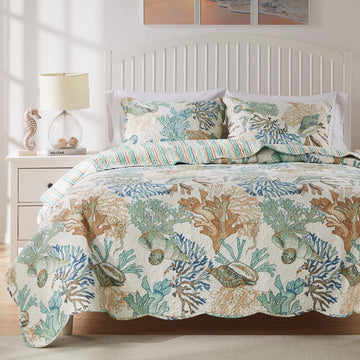 Home Atlantis Coastal Sea Coral Oversized Reversible Quilt Set, 3-Piece, Jade