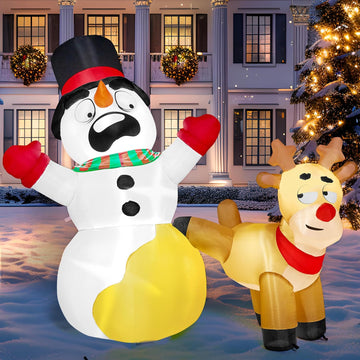 6.6 FT Long Christmas Inflatable Decoration Reindeer Peeing on Snowman, Blow Up Christmas Inflatables Outdoor