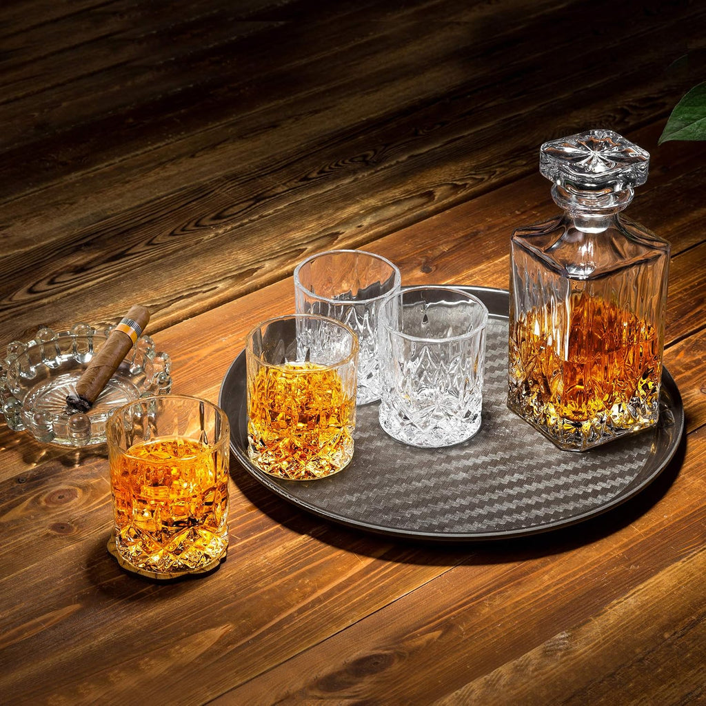 Whiskey Decanter And Glasses Set in Unique Gift Box - Original Crystal Liquor Decanter Set For Bourbon, Scotch - Set of 5