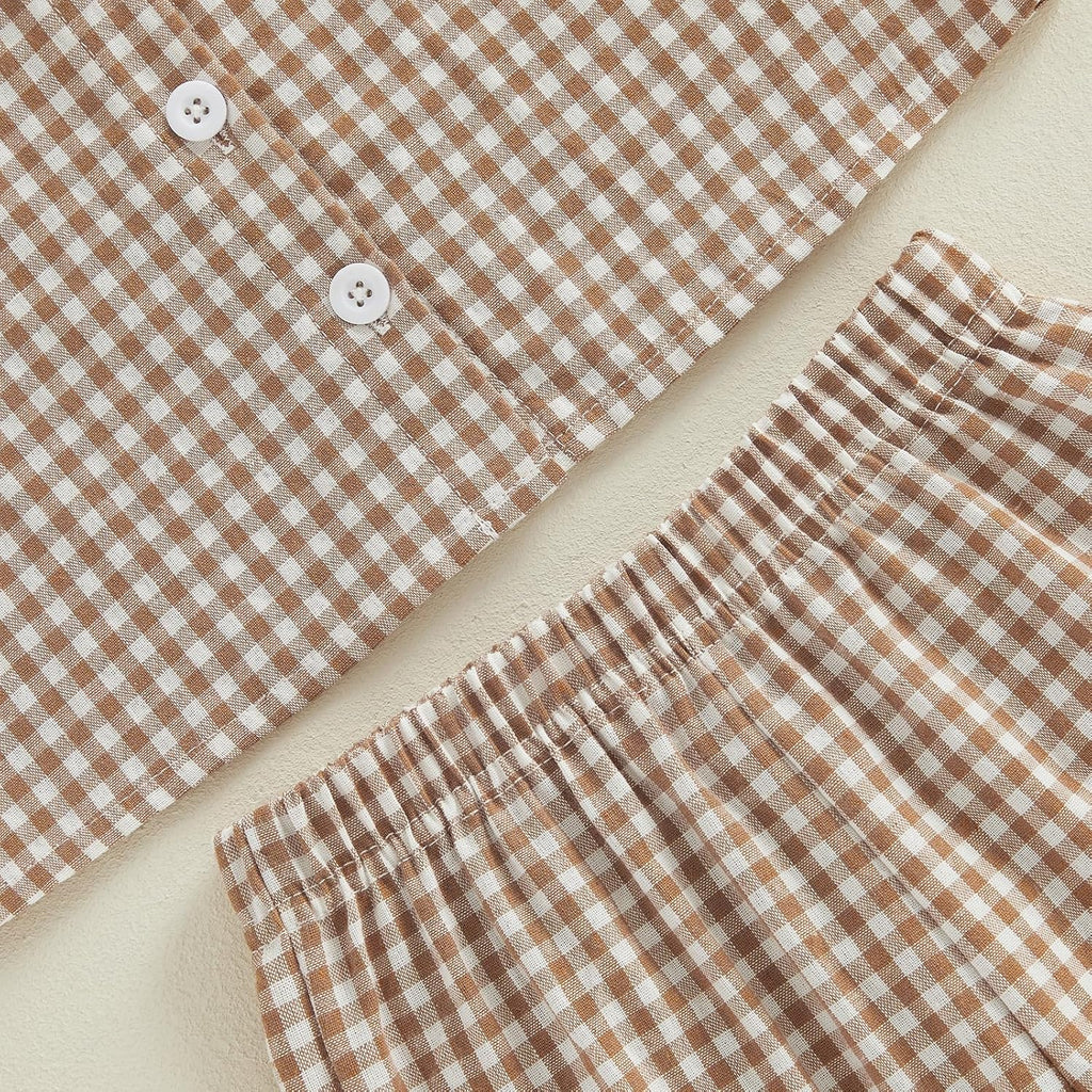 Girls Summer Outfits Ruffle Sleeve Button Up Dress Tops Plaid Linen Pants Spring Toddler Girl Clothes