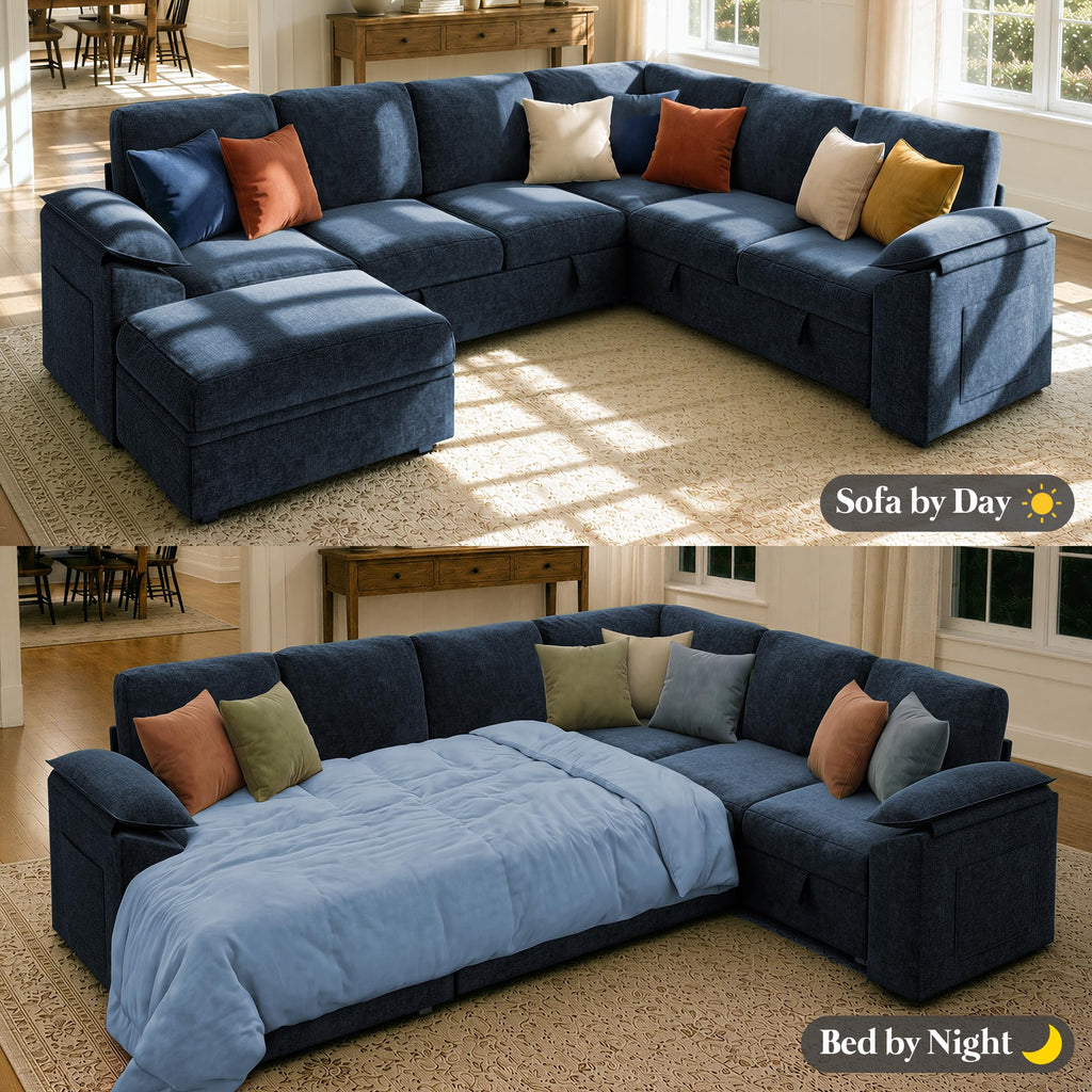 108 inch Modular Sectional Sleeper Sofa with Pull Out Bed, Blue