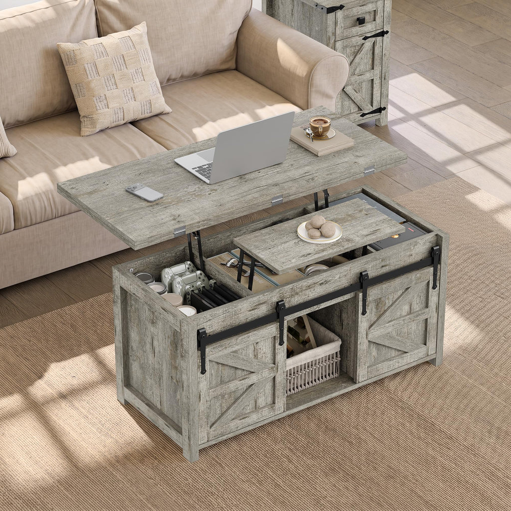 Lift Top Coffee Table with Storage, 4 in 1 Multi-Function Farmhouse Wood Coffee Table with Sliding Barn Doors, Center