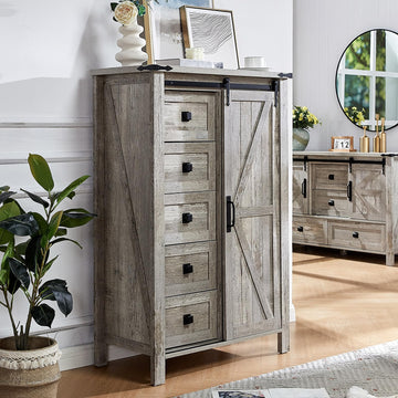 31.5" Farmhouse 5-Drawer Dresser with Barn Doors, Light Rustic Oak