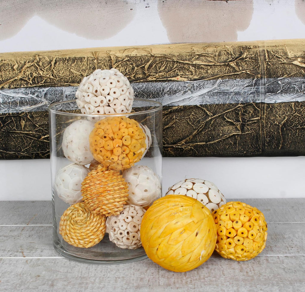 Dried Exotics Balls, Orbs, Spheres, Bowl Filler, Vase Filler Assorted Ochre Yellow/Natural - Set of 18