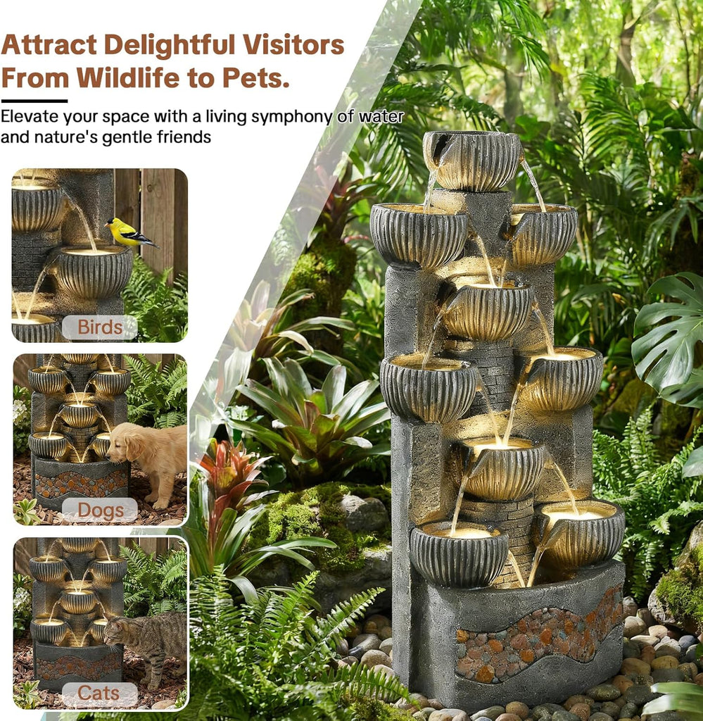 Modern 39.5" Tall Outdoor Water Fountain, Large 10-Tier Cascading Bowls Waterfall Fountain with LED Lights