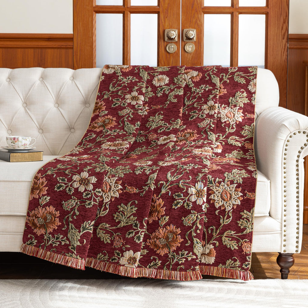 Vintage Floral Throw Blankets for Bed, Rust Red, 52"x72"