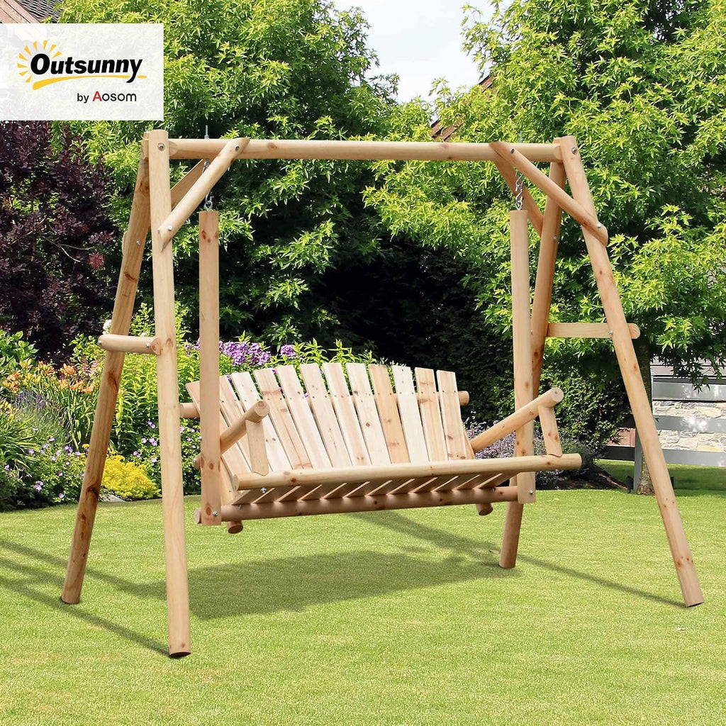 2-Seat Porch Swing w/Stand Wooden Patio Swing Chair Bench Natural | Garden, Poolside, Backyard