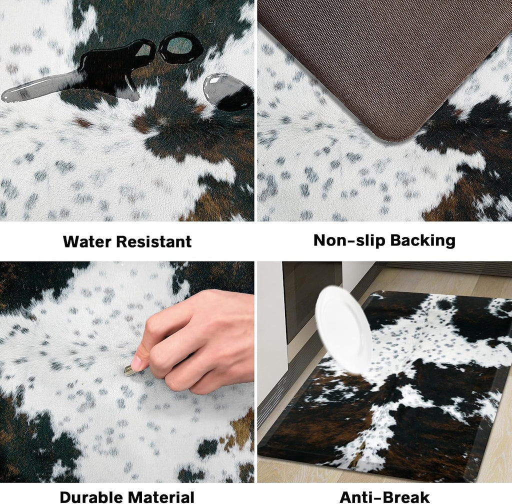 Cowhide Kitchen Mat Cushioned Anti Fatigue, 17.3x47 | 4/5 Inch Thick, Western Cow, Bevel Edge, Non Slip PVC
