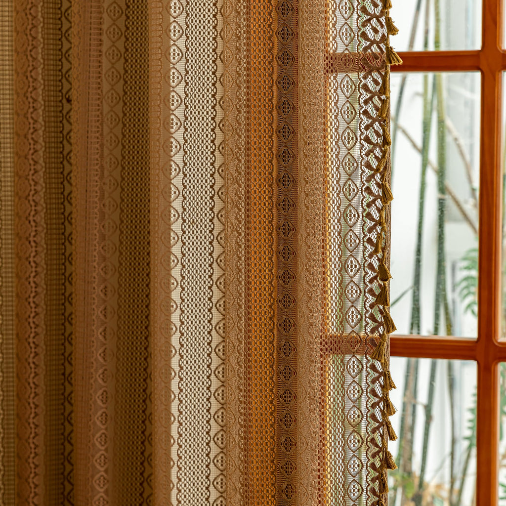 Boho Curtains 2 Panels Nursery, Lace Curtains Bohemian Semi Sheer Farmhouse Crochet Privacy Vintage Tassels Taupe
