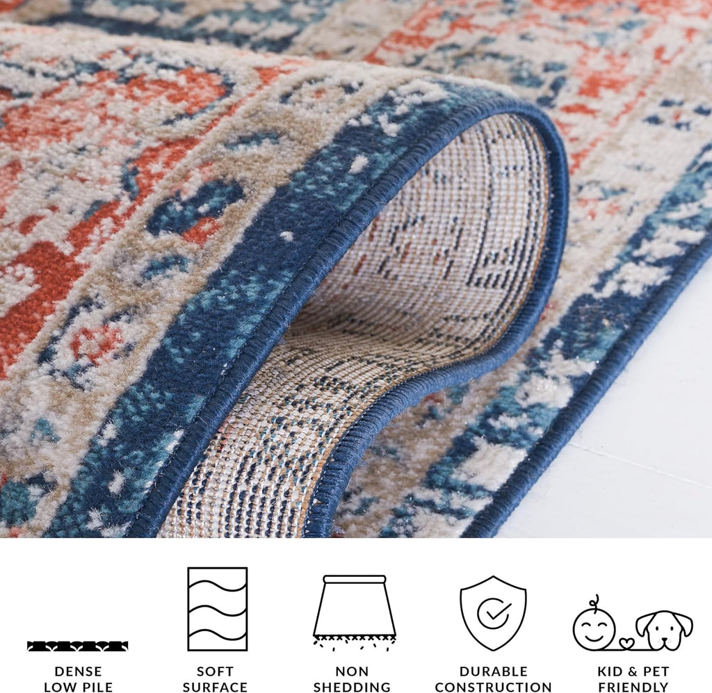 Madison Collection Area Rug, Navy & Rust, Oriental Distressed Medallion Design, Non-Shedding & Easy Care