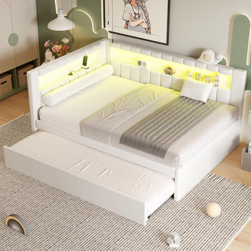 Full Upholstered Daybed with Trundle and USB/LED Belt, Corner Bed with Trundle, L-Shape daybed Living Room, Beige(Linen)