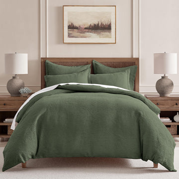Cloud Waffle Forest Green Duvet Cover Set - Duvet Cover + Two Pillow Cases - Waffle Weave - Forest Green