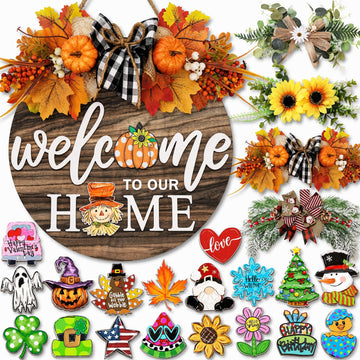 Interchangeable Welcome Sign for Front Door with 4 Seasonal Wreaths 21 Changeable Icons, Farmhouse Rustic Outdoor