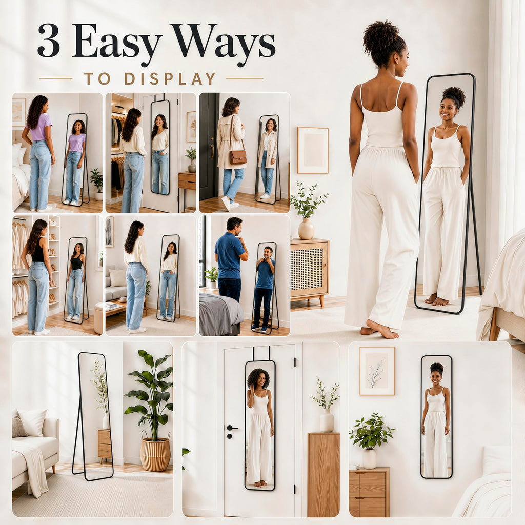 57x16" Full Length Mirror Floor Stand, Over the Door, Wall Mounted Black