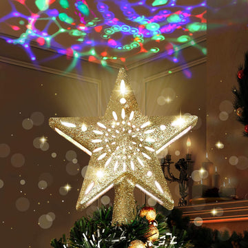 Christmas Star Tree Topper Lighted with Projector, Built-in LED Rotating Lights, Gold 3D Glitter Decorations for Xmas