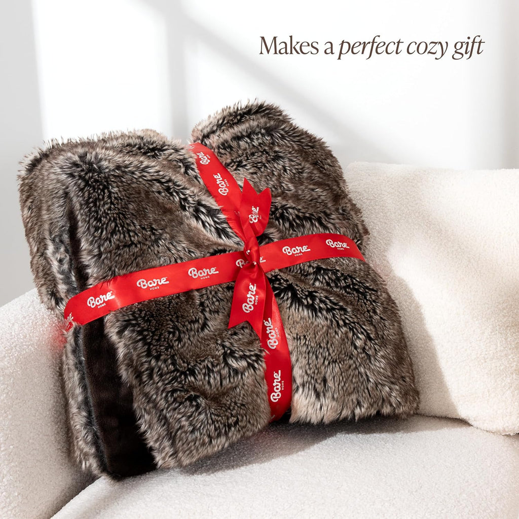 Faux Fur Blanket (Throw, Variegated Grey) | Ultra-Soft Luxurious, Cozy Warm Blanket for Couch, Sofa, Chair, Bed