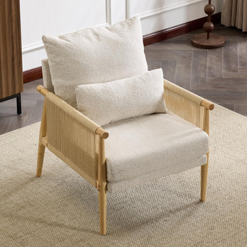 Cozy Chenille Accent Chair with Lumbar Pillow & Rattan Arms Modern Lounge Chair, Reading Nook, Gray