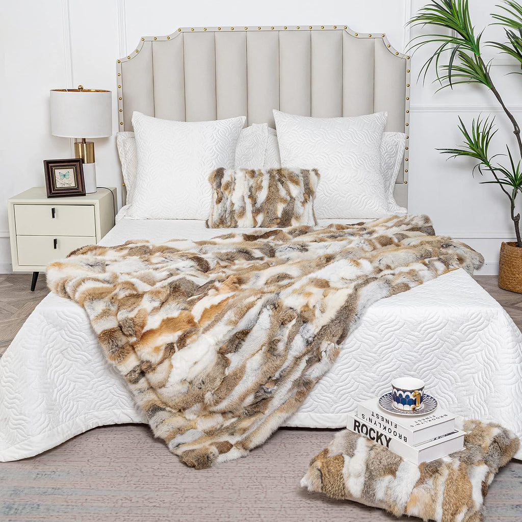 Fur Blanket Throw for Couch Tan Rabbit Hide Fur Throw Blanket Fuzzy Fluffy Super Soft Furry Plush Decorative Comfy