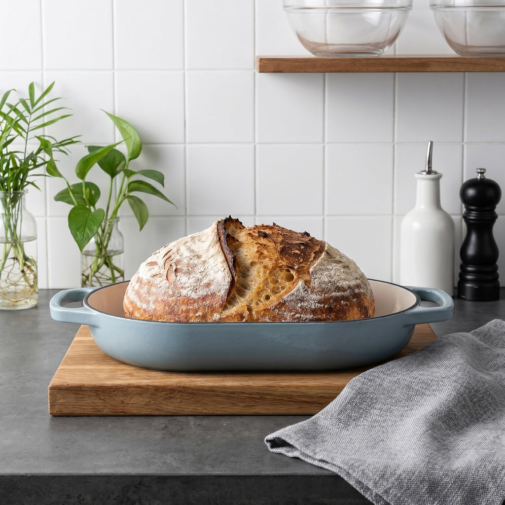 Enameled Cast Iron Dutch Oven Pot with Dome Lid, Oval Bread Oven made Sourdough Bread Baking, Oven Safe up to 500°F