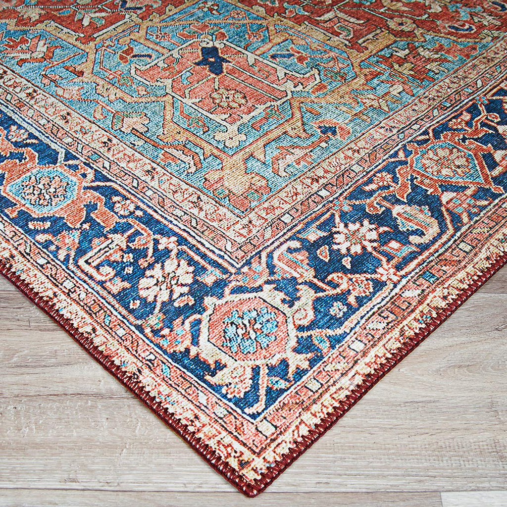 Heriz Non-Skid Polyester Rug - Ruby Digitally Printed Area Rug, Medallion Style, Durable Home Decor