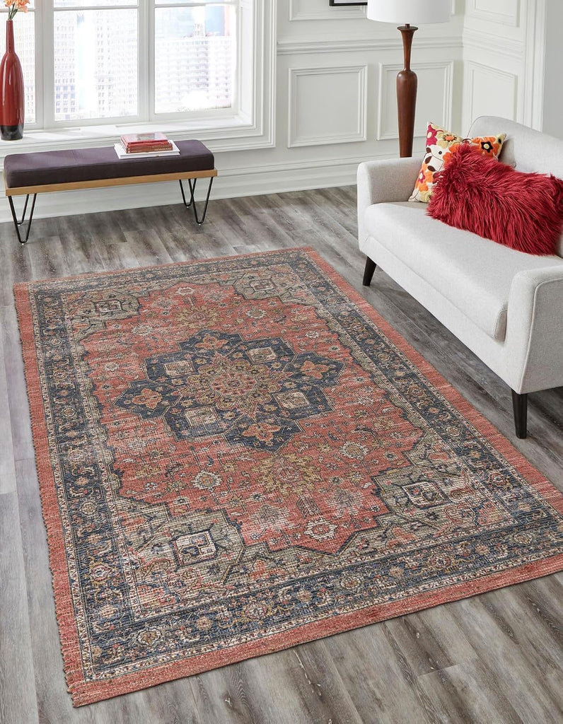 Chenille Jute Rug - 5' Antique Red Area Rug - Handmade Vintage Medallion s and Bedrooms