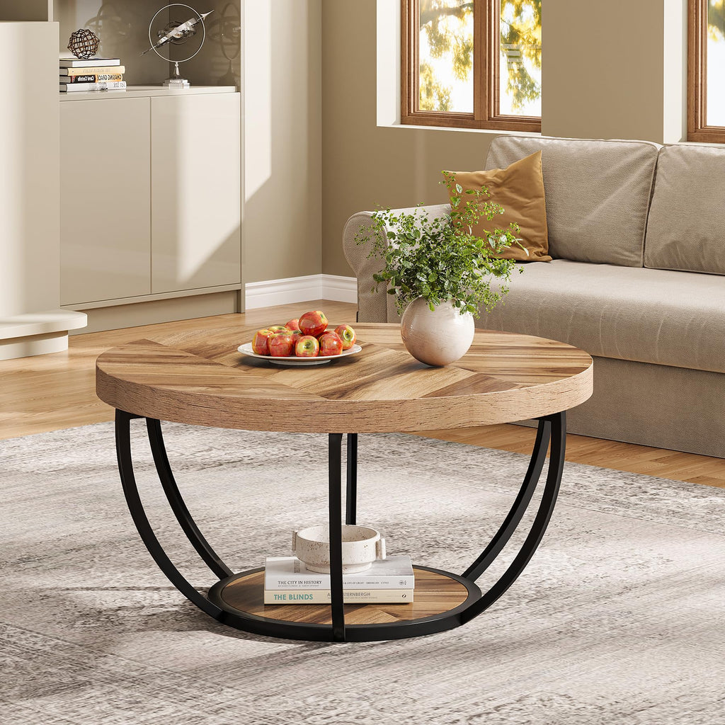 31.7" Round Wooden Coffee Table with Storage Pedestal