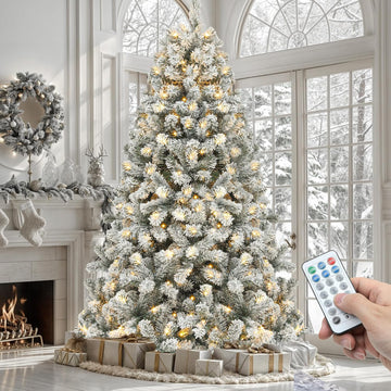 Prelit Snow Flocked Artificial Full Christmas Tree with Remote Control, Christmas Pine Tree with 11