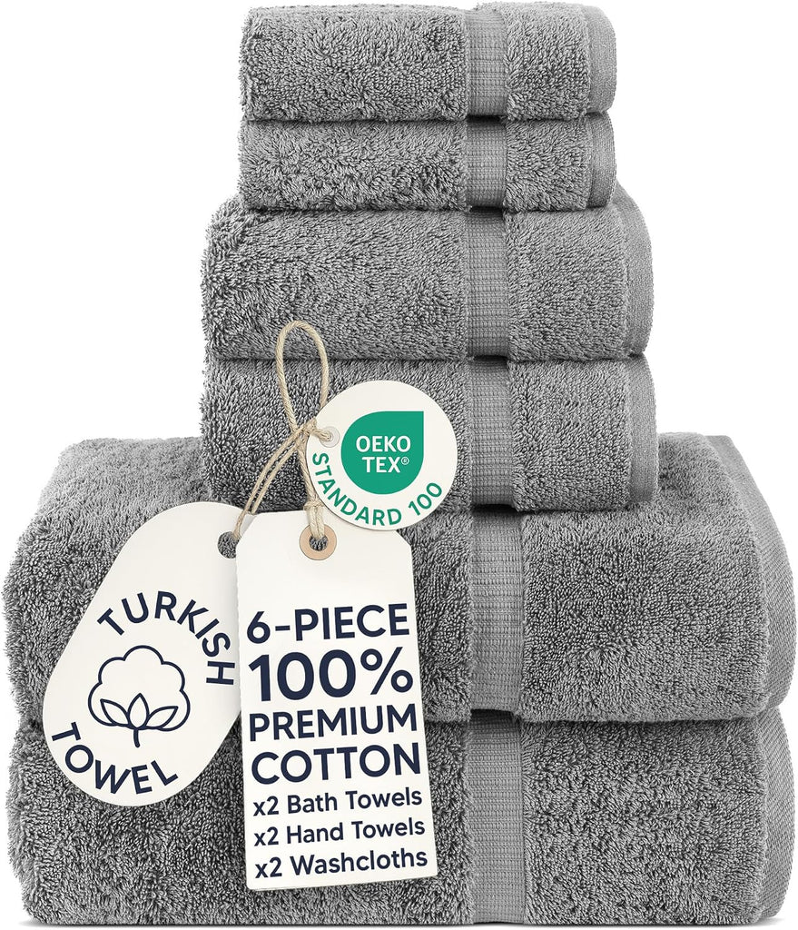 6 Piece Towels Set, 100% Cotton Luxury Turkish Towels , Soft Absorbent Bath Towel Set with 2 Bath Towels 2 Hand