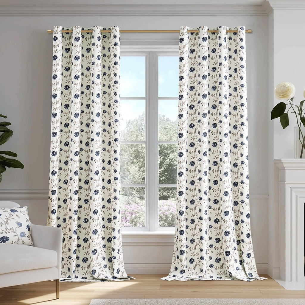 Floral 100% Blackout Curtains 84 Inches Long 2 Panels for Bedroom Living Room Blue Brown on Beige Vintage Rose Flower
