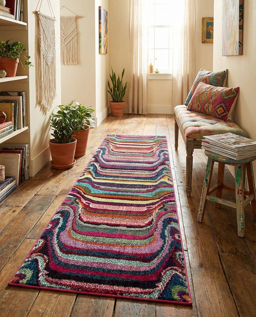 Theia Rug - 7 Ft Runner Multi Washable Runner Rug - Vibrant Modern Stripes s and Playrooms