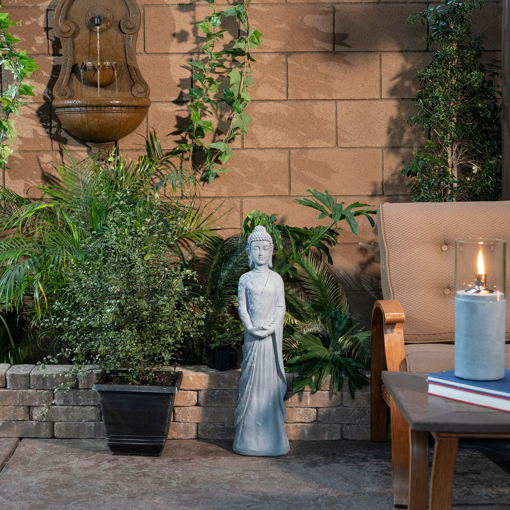 32" Tall Cement Standing Buddha Outdoor Garden Statue, Gray