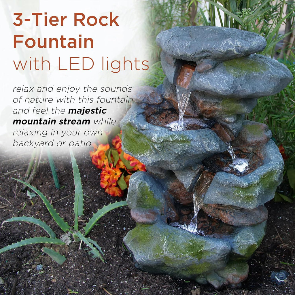 22" Tall 3-Tier Outdoor Rock Waterfall Fountain with LED Lights, Natural Stone Look Decor, Gray