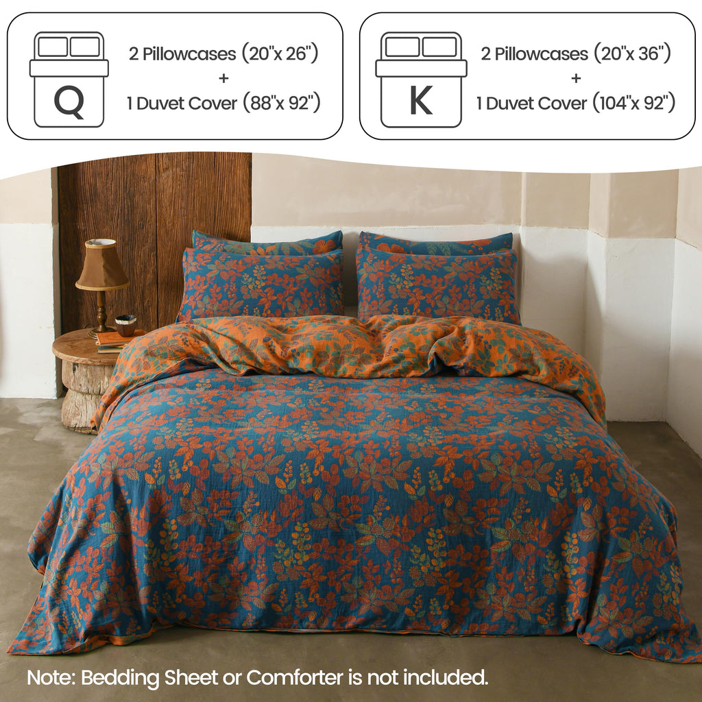 100% Cotton Muslin Duvet Cover Set, 3 Pcs Yarn-Dyed Jacquard Textured Reversible Floral Design, Soft and