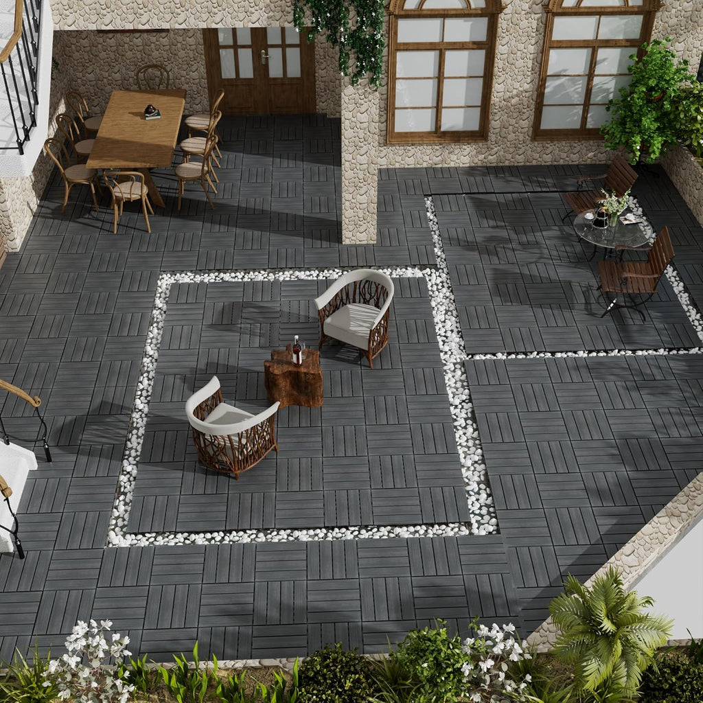 Wood Plastic Composite Interlocking Patio Deck Tiles, 22 Pack 12"x12" Premium Waterproof Porch Decking Tiles, All