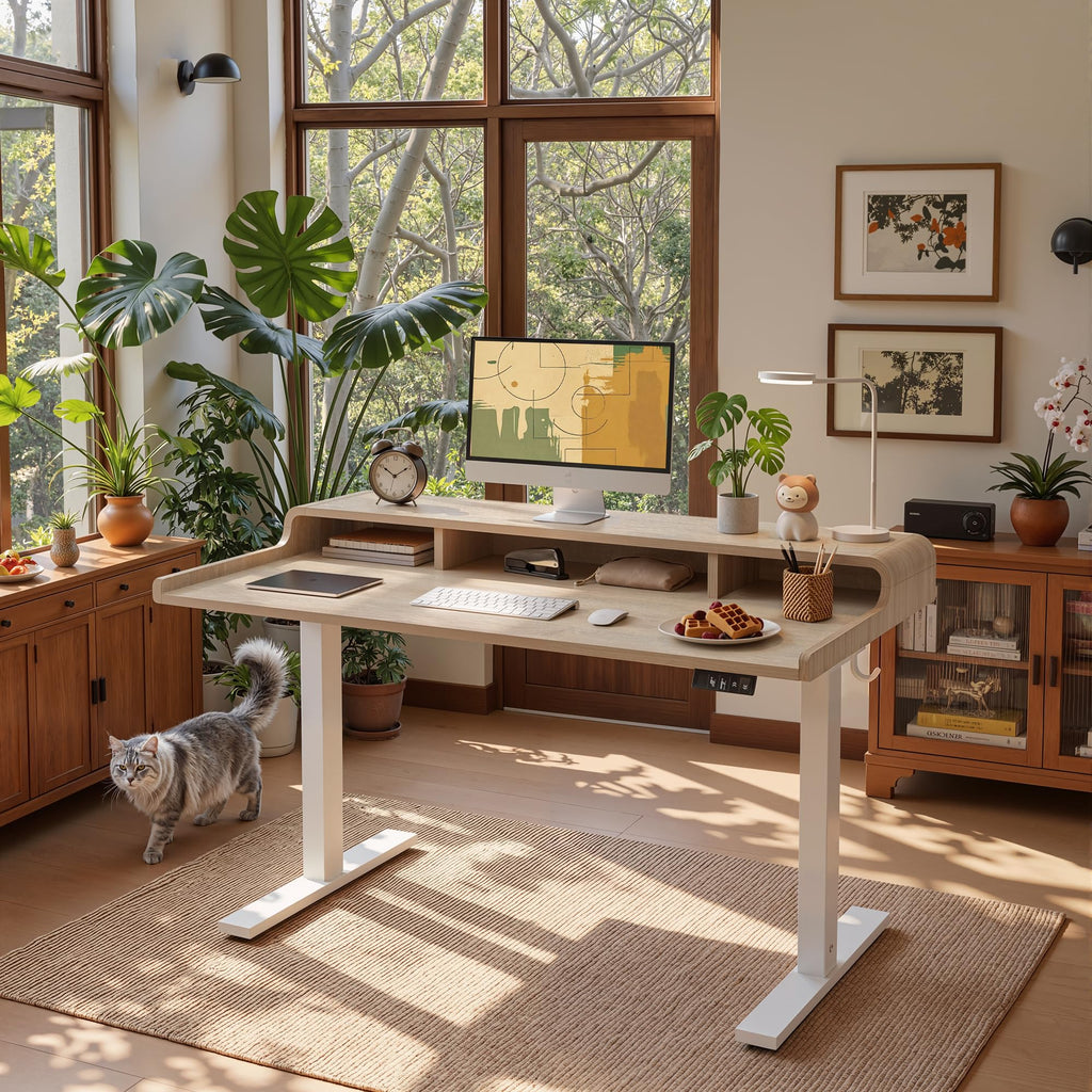 47 * 24 inch Standing Desk with Curved Top Shelf, Maple