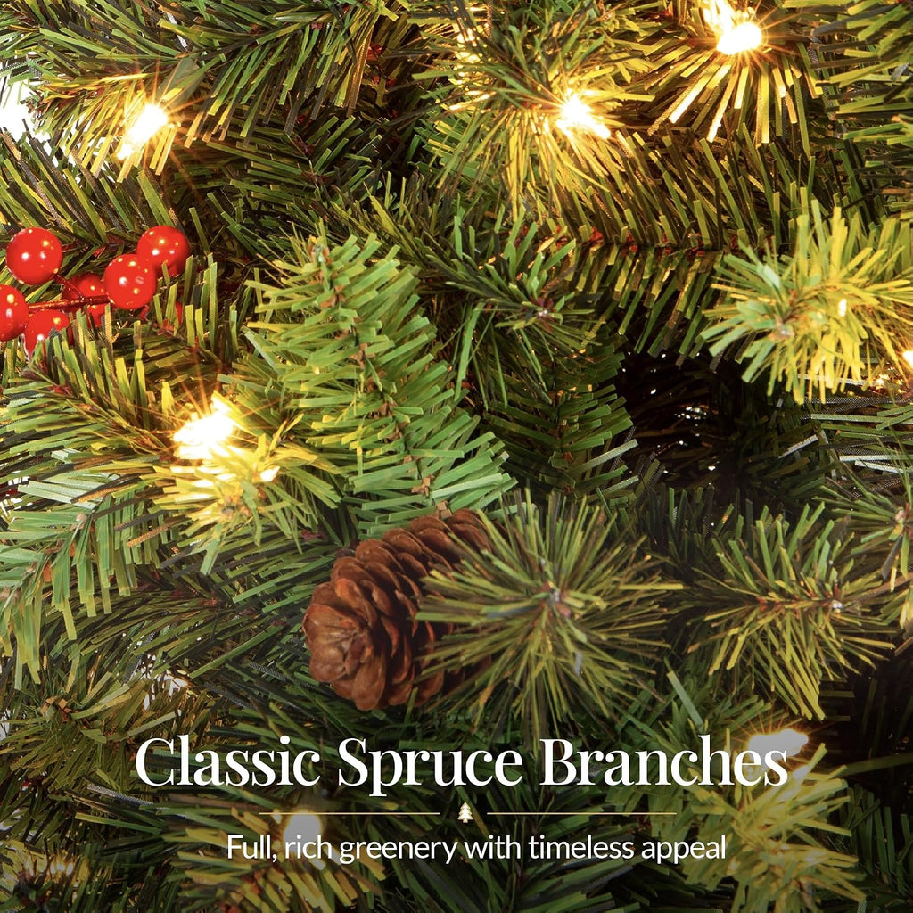 Pre-Lit Spruce Pencil Christmas Tree Pre-Decorated w/Twinkling LED Lights Holiday Decoration w/ 460 Lights, 1,298