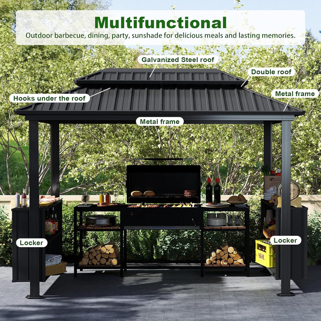 6’x10’ Hardtop Grill Gazebo, BBQ Gazebo for Outdoor Grill with Double Galvanized Steel Roof