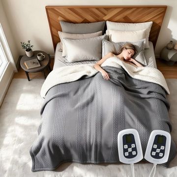 Electric Blanket King Size, Waffle Sherpa Heated Blanket, Grey, 100x90 in