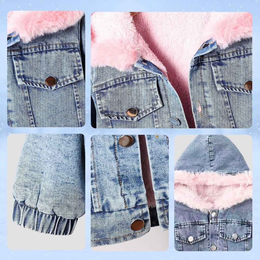 Girls Pink Fluffy Hood Fleece Lined Warm Denim Jacket for Toddler Girls