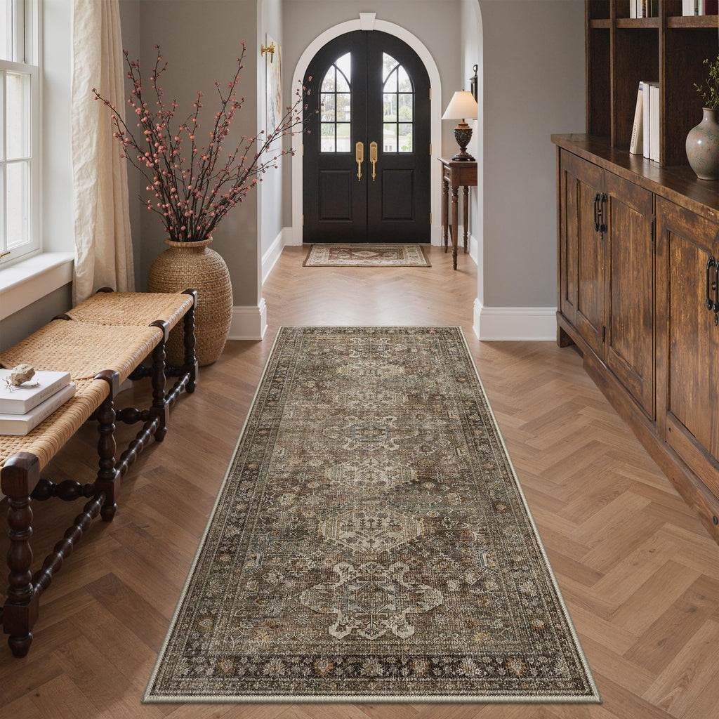 3x8 Hallway Runner Rug, Non Slip Washable, Vintage Brown