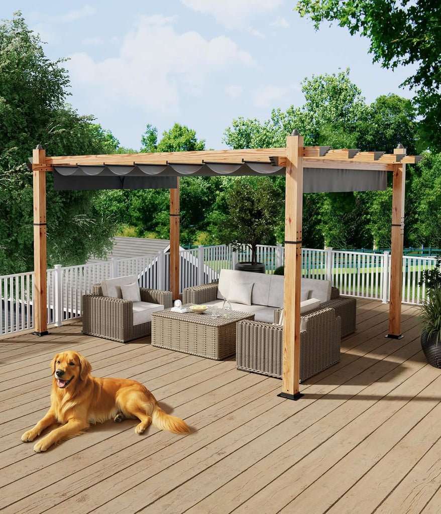 10 x 13 ft Wood-Grain Aluminum Pergola Outdoor Pergola with Retractable Canopy Sun Shade Shelter for Garden