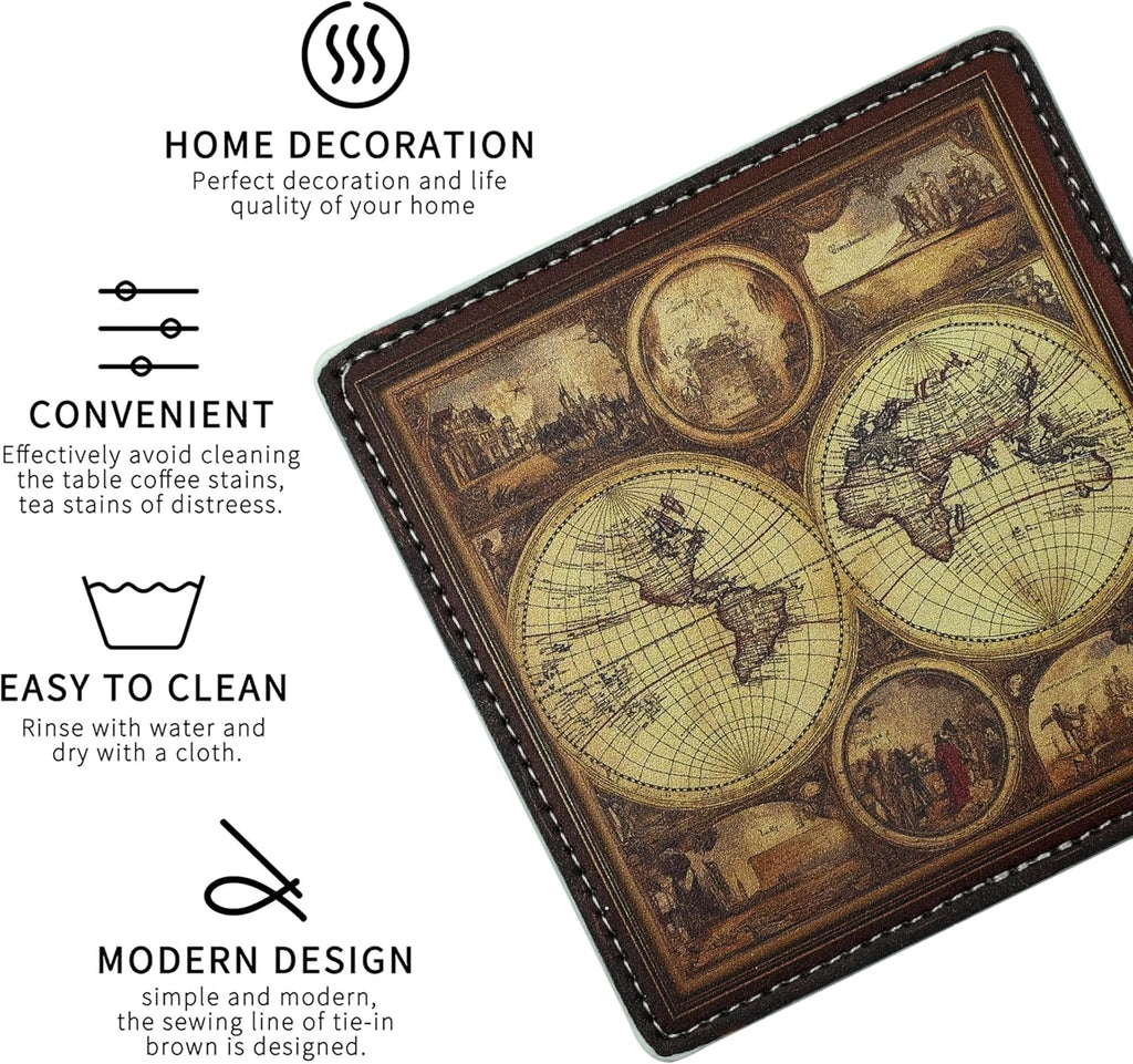 Marble Coasters Square Leather Drinks Coaster Set with Holder for Coffee Table Bar Home Decor 4 Inches (Old - Set of 6