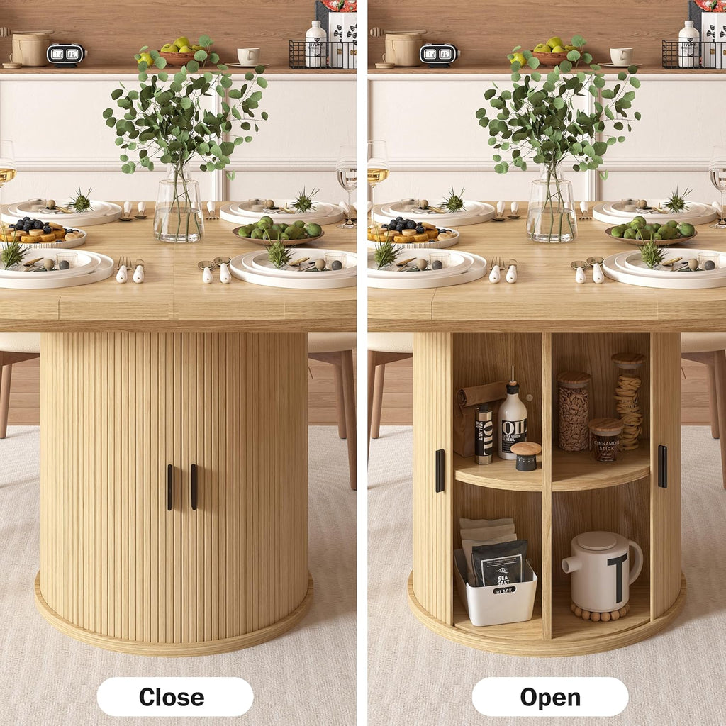 Extendable Dining Table 43-59" for 4-6 People, Solid Wood Top with Fluted Slide Door & 8-Compartment Storage, Space